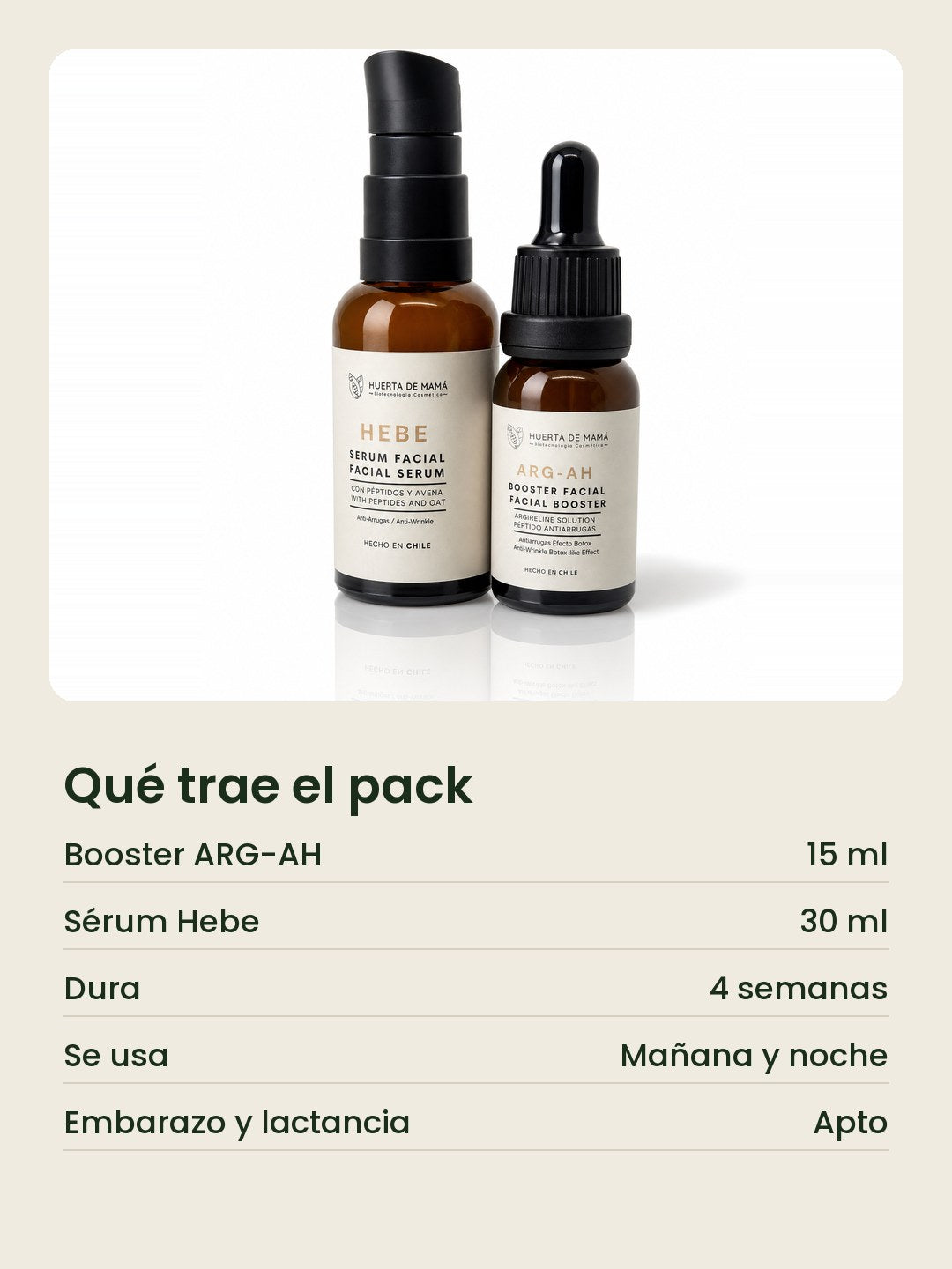 Qué trae el Pack Efecto Botox: Booster ARG-AH 15 ml y Sérum Hebe 30 ml, dura 4 semanas, mañana y noche